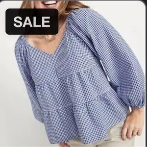 Old Navy XXL Blue Gingham Babydoll Peplum V Neck Women's Long Sleeve Top